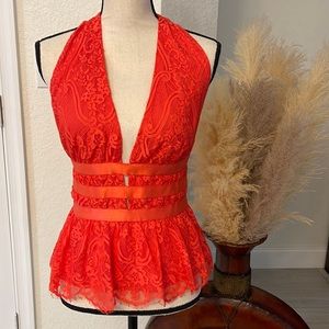 ❤️Bebe Sexy deep v-neck halter top - poppy red, small, lace , fully lined